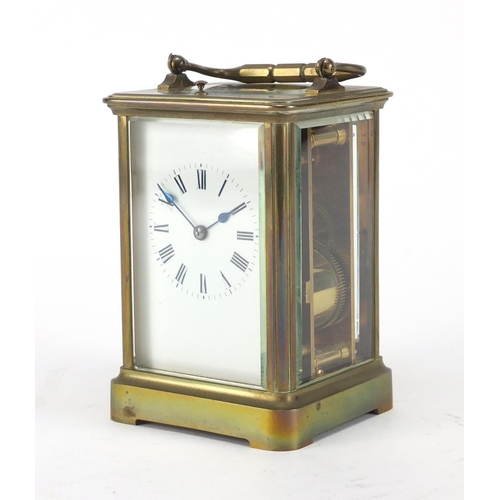 1126 - Brass cased repeating carriage clock with bevelled glass, enamelled dial and Roman numerals, 13.5cm ... 