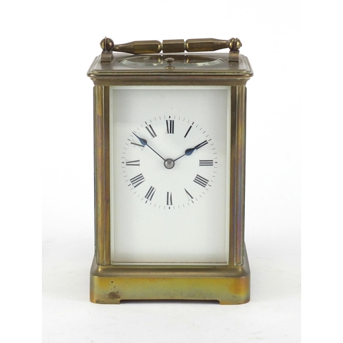 1126 - Brass cased repeating carriage clock with bevelled glass, enamelled dial and Roman numerals, 13.5cm ... 