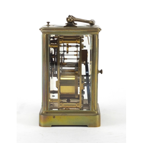 1126 - Brass cased repeating carriage clock with bevelled glass, enamelled dial and Roman numerals, 13.5cm ... 