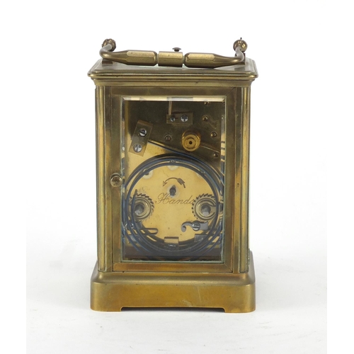 1126 - Brass cased repeating carriage clock with bevelled glass, enamelled dial and Roman numerals, 13.5cm ... 