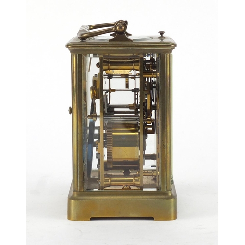 1126 - Brass cased repeating carriage clock with bevelled glass, enamelled dial and Roman numerals, 13.5cm ... 