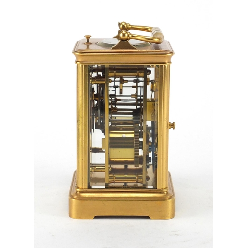 1127 - Gilt brass cased repeating carriage clock by Hamilton, with bevelled glass, enamelled dial and Roman... 