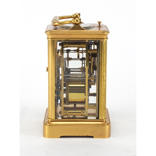 1127 - Gilt brass cased repeating carriage clock by Hamilton, with bevelled glass, enamelled dial and Roman... 