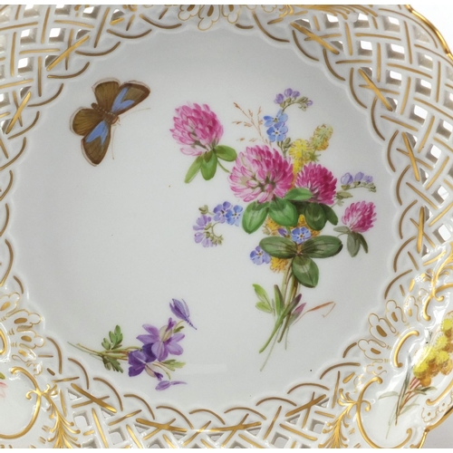 722 - Meissen porcelain plate together with a dish with pierced rim, both hand painted with flowers and wi... 
