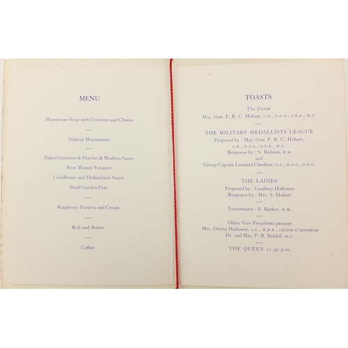 238 - The Military medallists league 50th Anniversary dinner and dance menu, signed in ink by Odette Hallo... 