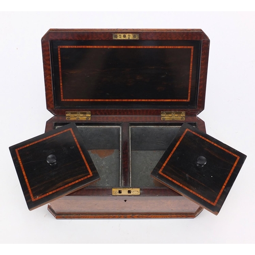 52 - Victorian amboyna and ebony tea caddy with twin divisional interior, 13cm H x 25cm W x 13.5cm D
