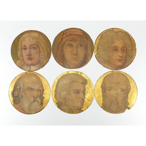 1200 - Various portraits, six circular oil onto canvas, all unframed, each 19.5cm in diameter