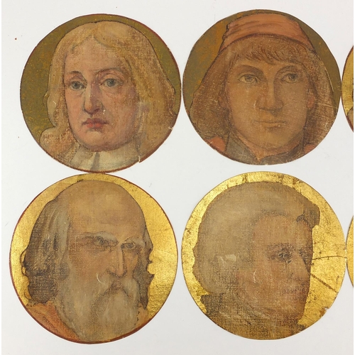 1200 - Various portraits, six circular oil onto canvas, all unframed, each 19.5cm in diameter