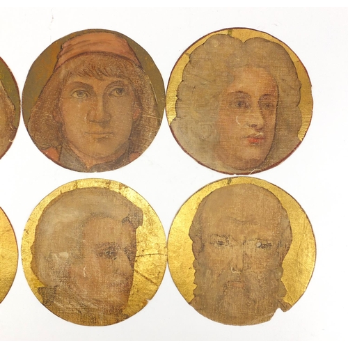 1200 - Various portraits, six circular oil onto canvas, all unframed, each 19.5cm in diameter