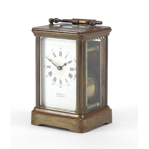 1131 - Victorian brass cased carriage clock, the enamel dial with roman numerals and seconds for Trimnell, ... 