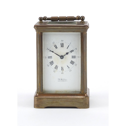 1131 - Victorian brass cased carriage clock, the enamel dial with roman numerals and seconds for Trimnell, ... 