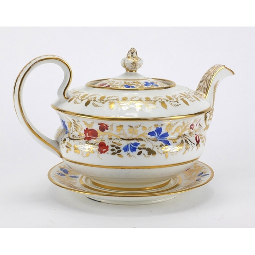 693 - 19th century Coalport 873 pattern teapot on stand, the stand with Coalport Society of Arts factory m... 