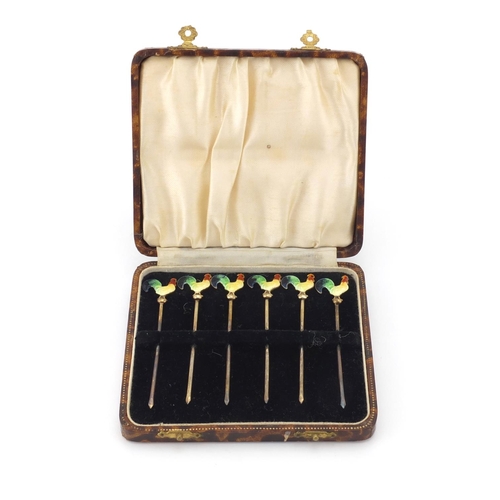954 - Set of six sterling silver cocktail sticks with enamelled cockerel terminals, stamped sterling 9cm i... 