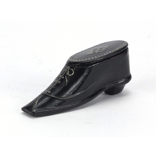 70 - 19th century Papier Mache snuff box in the form of a shoe with silvered metal inlay, 8.2cm in length
