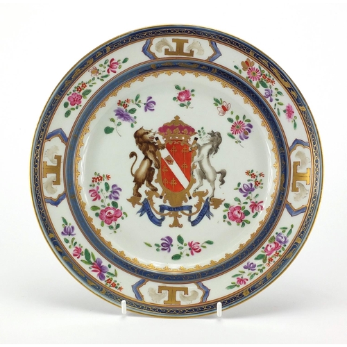 727 - Samson porcelain plate hand painted with coat of arms and flowers, Sola virtus Invicta, factory mark... 