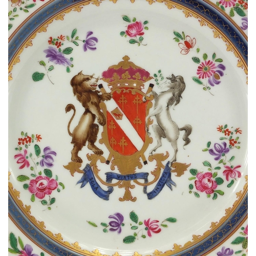 727 - Samson porcelain plate hand painted with coat of arms and flowers, Sola virtus Invicta, factory mark... 