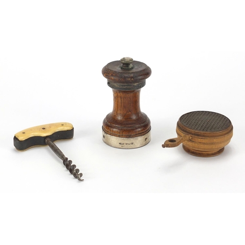 80 - Silver banded oak pepper mill, treen nutmeg grater and a bone handled corkscrew