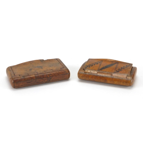 72 - Two Georgian snuff boxes one fern pen work and one yew wood example, the largest 8cm wide