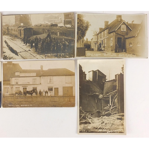 259 - Eight black and white photographic postcards comprising Zeppelin over London, Railway Disaster Tonbr... 