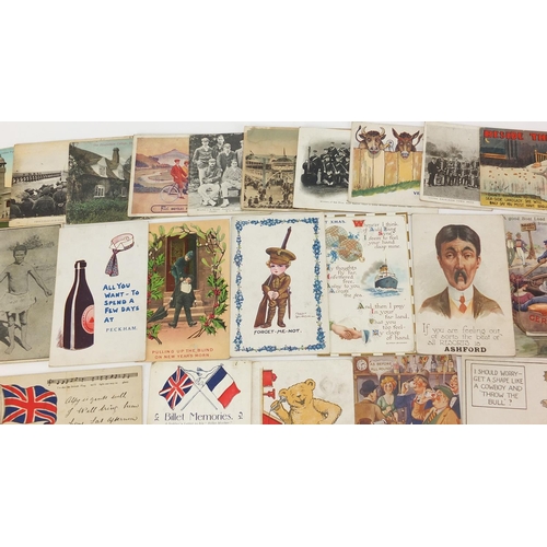 267 - Mostly Military, railway, sporting and comical postcards including Fleet Bicycles for Speed and Reli... 