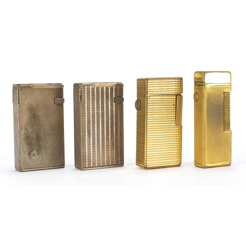 102 - Four Dunhill pocket lighters comprising two silver plated and two gold plated, various numbers to th... 
