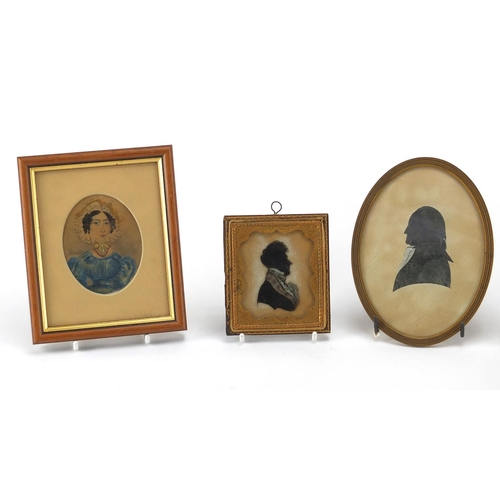 13 - Antique and later miniatures and silhouettes, including a pair of reverse glass silhouettes and a pa... 