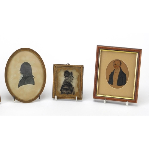 13 - Antique and later miniatures and silhouettes, including a pair of reverse glass silhouettes and a pa... 