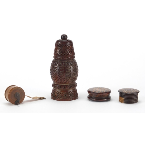 69 - Treen objects comprising two cylindrical Tunbridge ware pots and covers, pounce pot and a tape measu... 