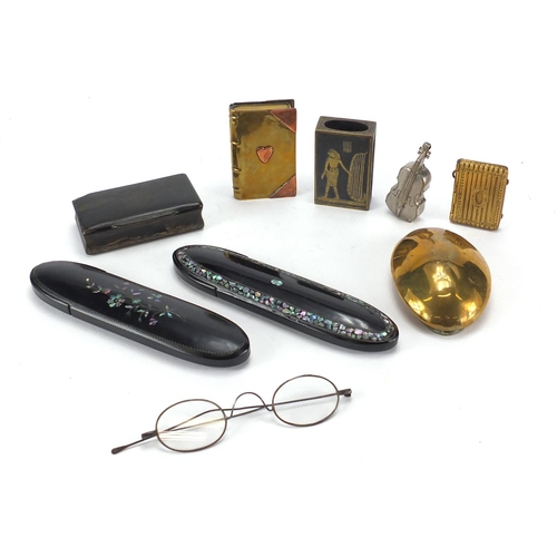 81 - Miscellaneous objects including two Victorian Papier Mache spectacle cases, violin shaped vesta case... 