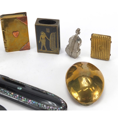 81 - Miscellaneous objects including two Victorian Papier Mache spectacle cases, violin shaped vesta case... 