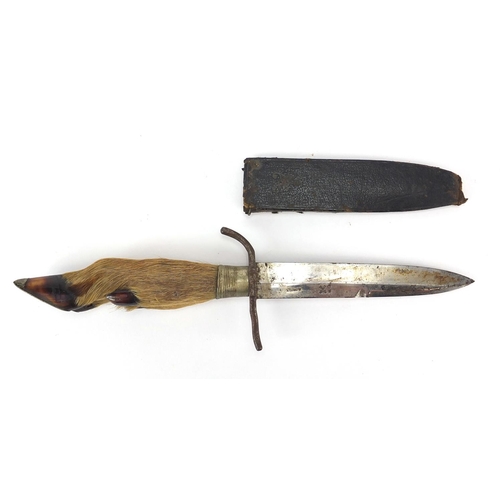 78 - Taxidermy interest hunting knife with deer's foot handle and leather sheath, 25cm in length