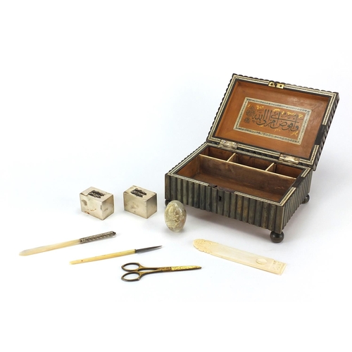 639 - Ottoman horn and ivory inlaid calligraphy box, housing tools and two silver inkwells, the tools incl... 