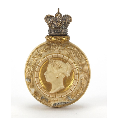 701 - Royal Worcester blush ivory commemorative scent bottle, the central medallion of young Queen Victori... 