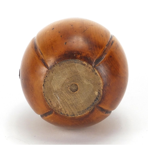 48 - Fruitwood tea caddy of apple form with metal escutcheon and remnants of lining to the interior, 13cm... 