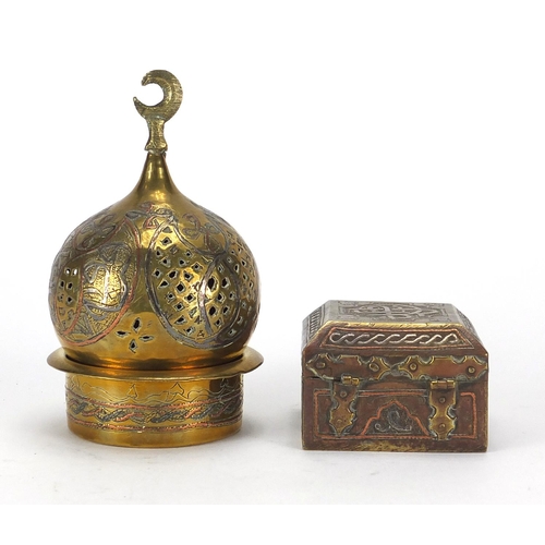 636 - Egyptian Cairoware square box and a spice box both with silver and copper inlay, decorated with scri... 