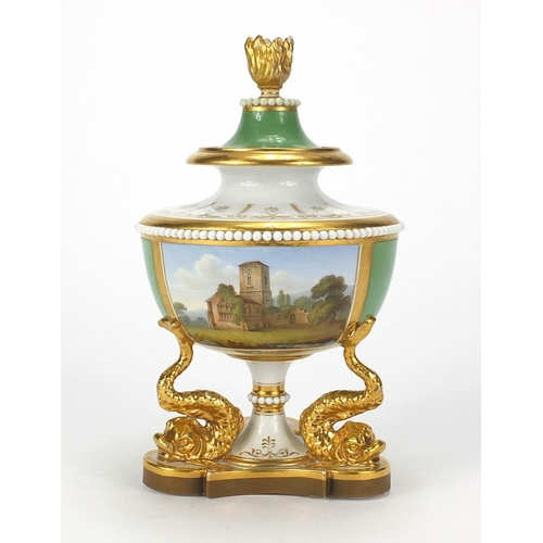 690 - 19th century Flight Barr vase and cover, on gilt dolphin supports, hand painted with little Malvern ... 