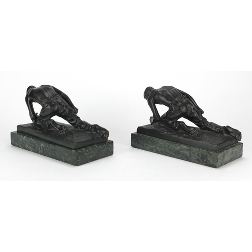 27 - J Valenta, pair of early 20th century Austrian patinated bronze figural bookends, both mounted on a ... 