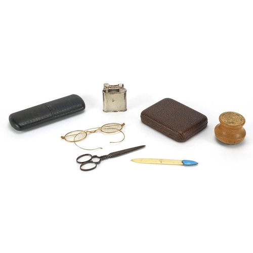 84 - Miscellaneous objects including a bone letter opener with silver and blue guilloche enamel handle, s... 