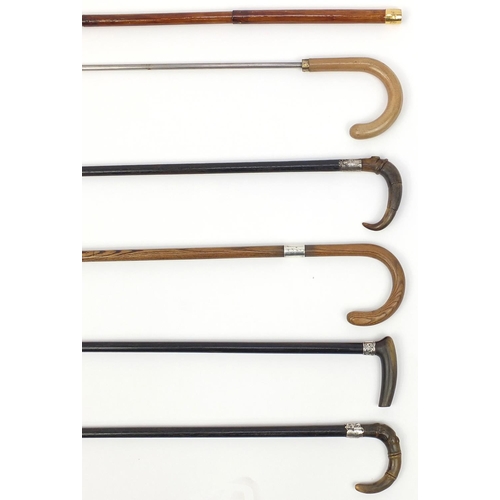 132 - Five wooden walking canes, including a sword stick, three with horn handles, the largest 86cm in len... 
