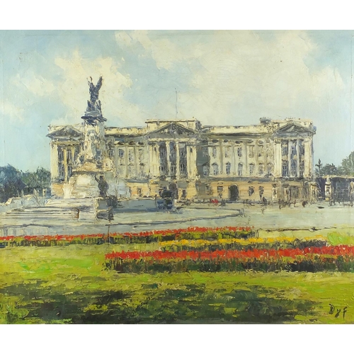 1398 - Victoria Monument before Buckingham Palace, oil onto canvas, bearing a monogram DYF, framed, 60cm x ... 