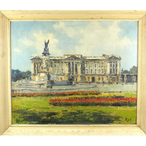 1398 - Victoria Monument before Buckingham Palace, oil onto canvas, bearing a monogram DYF, framed, 60cm x ... 