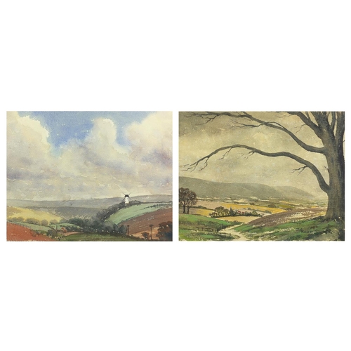 1156 - Charles Knight - The South Downs, double sided watercolour onto card, mounted, unframed, 34.5cm x 27... 