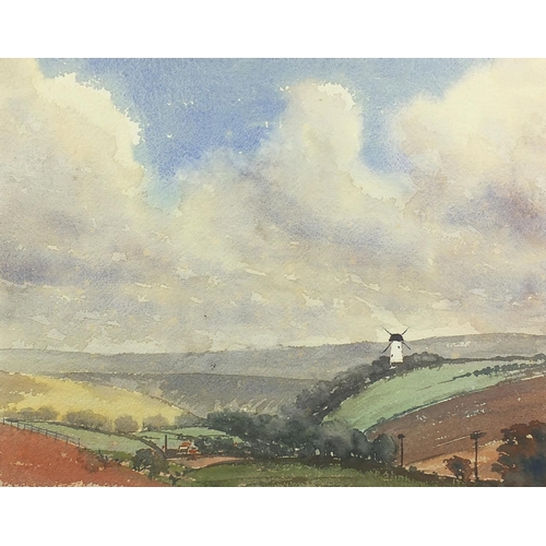 1156 - Charles Knight - The South Downs, double sided watercolour onto card, mounted, unframed, 34.5cm x 27... 