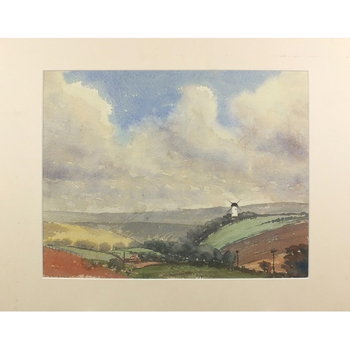 1156 - Charles Knight - The South Downs, double sided watercolour onto card, mounted, unframed, 34.5cm x 27... 