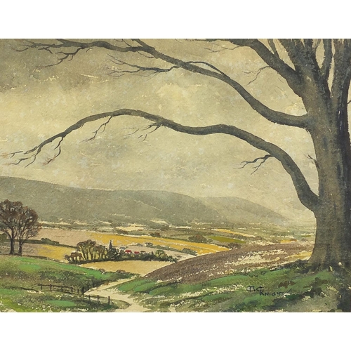 1156 - Charles Knight - The South Downs, double sided watercolour onto card, mounted, unframed, 34.5cm x 27... 