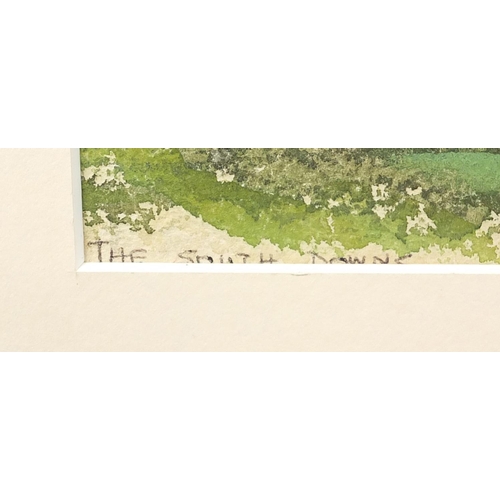 1156 - Charles Knight - The South Downs, double sided watercolour onto card, mounted, unframed, 34.5cm x 27... 