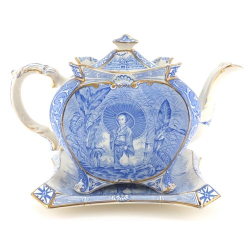 702 - Victorian Aesthetic teapot on stand printed in the chinoiserié manner, impressed marks and RD223699 ... 