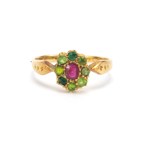 1008 - Unmarked gold ruby and green stone ring, size L, approximate weight 1.9g