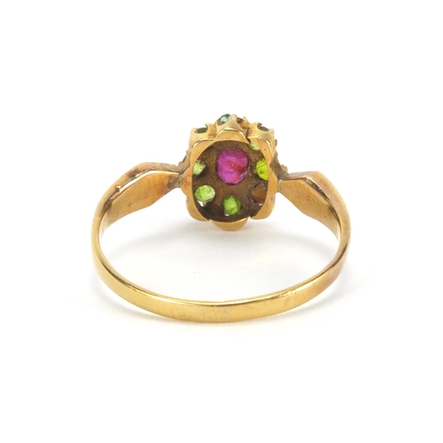 1008 - Unmarked gold ruby and green stone ring, size L, approximate weight 1.9g