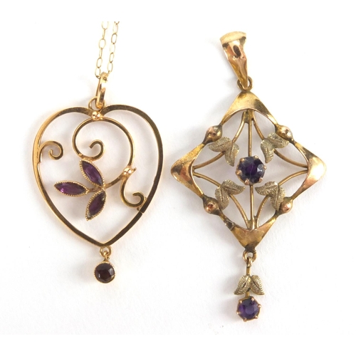 1034 - Two Art Nouveau 9ct gold pendants set with amethysts with a 9ct gold necklace, the largest 4.5cm in ... 